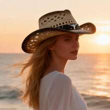 Women Men Cowgirl Hat, Roll-Up Wide Brim Straw Hat Summer Cap For Beach Vacation - Khaki - View 2