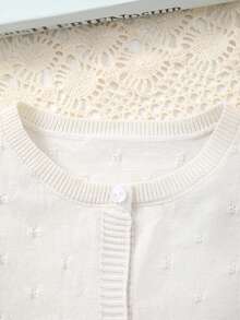 Girls' Solid Color Knit Cardigan, Elegant Hollow Pattern Design, Versatile For Home, Outings Or Eid Al-Adha Gift - Beige - View 4