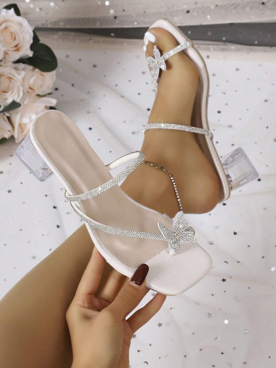 New Square Toe Transparent Rhinestone Butterfly Thong Sandals Open Toe Versatile Party Commute Comfortable Sparkling Crystal Thong High Heel Sandals For Women - White - View 1