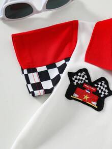 2pcs Baby Boy Casual Fashion Contrast Color Knit Red Collar Black & White Plaid Patchwork Red Short Sleeve Embroidered Decor White Top And Red Plaid Black & White Shorts Set, Summer Outfit - Red - View 5