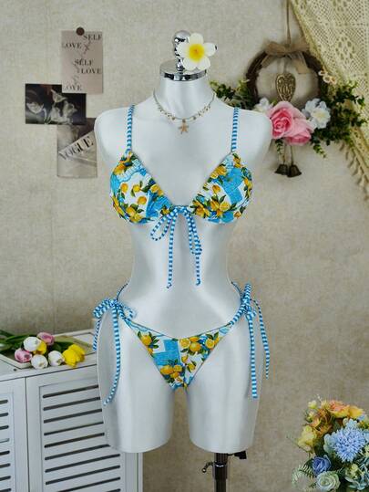 Conjunto de bikini de 2 piezas con estampado de limón lindo para mujer, conjunto de bikini con decoración de lazo ajustable, uso en playa/piscina/fiesta, brillante como el sol