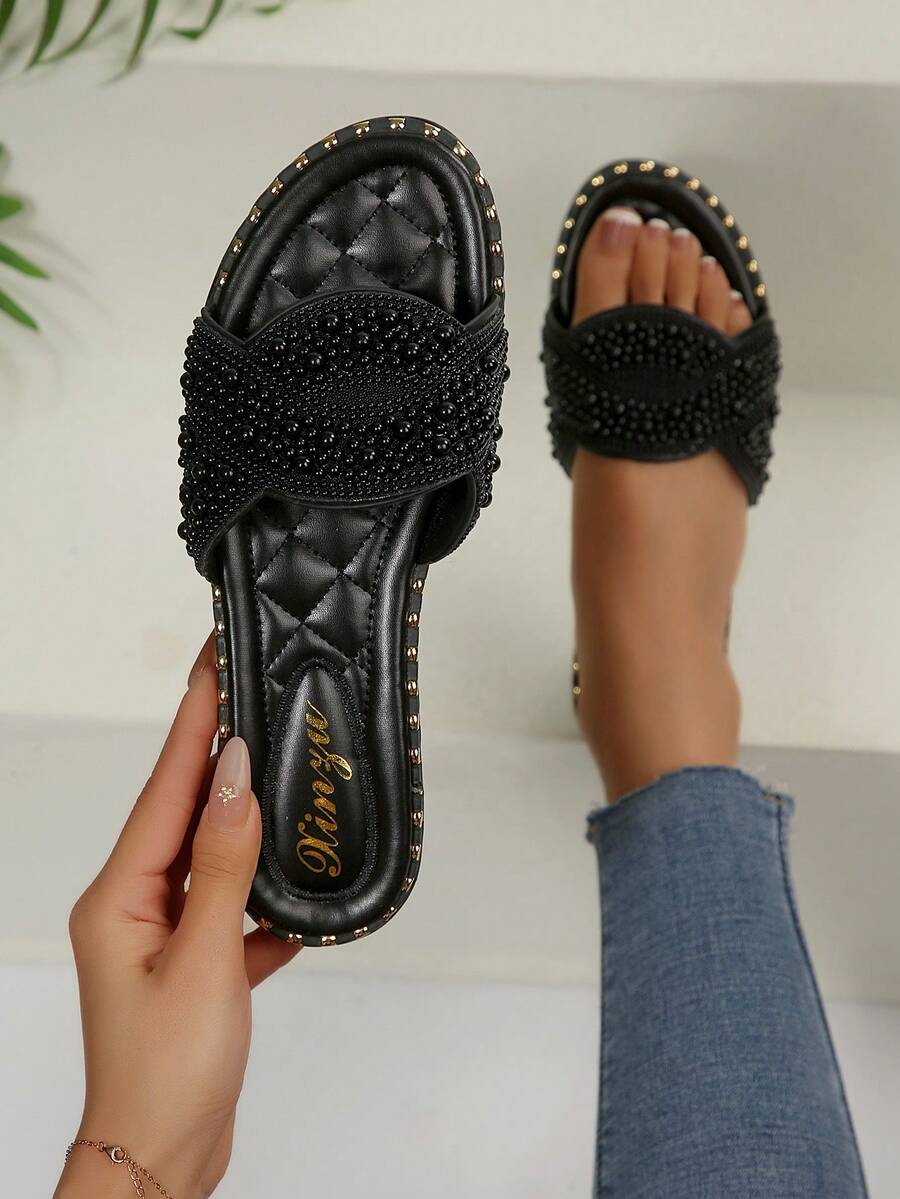 2025 Neue französische Kristall-verzierte quadratische Zehenflattsandalen für Frauen, elegante Slip-On, geeignet für Kleider, Frühling/Sommer/Herbst - Schwarz - Übersicht 1