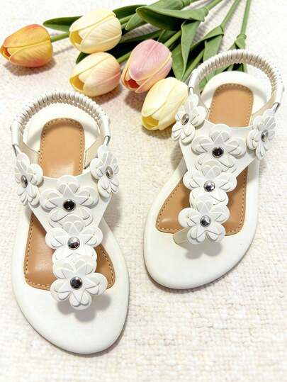 1双时尚人字拖儿童凉鞋，女童凉鞋，经典学生鞋，适合3-12岁女孩，百搭夏季鞋款，适合海滩和日常穿着，花卉装饰，时尚休闲，旅行度假皆宜