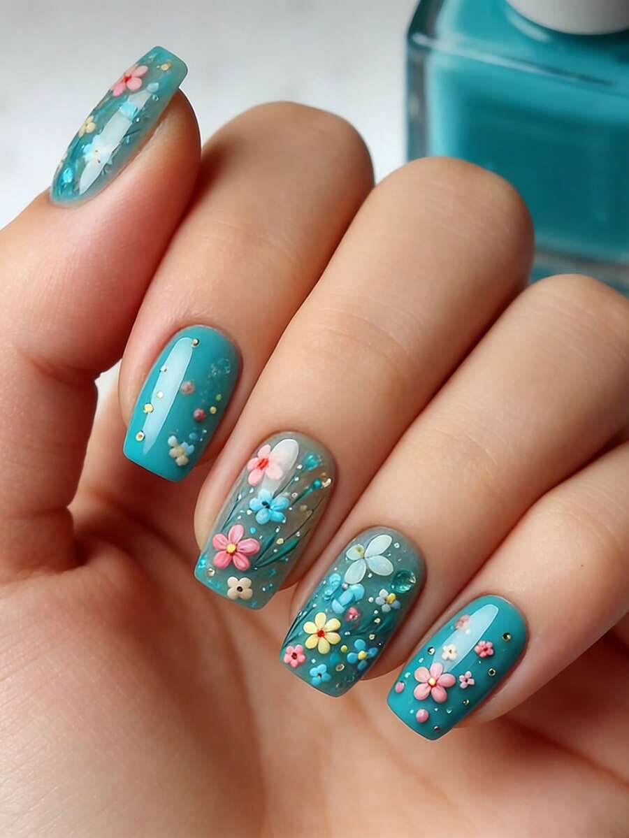 24片中号方形美甲贴片，优雅花朵蓝绿色，全覆盖式设计，为女性和女孩增添浪漫气息。内含1张粘合贴片和1个迷你指甲锉，适合春夏派对、办公室日常佩戴。假指甲胶水随机发货。美甲用品。 - 彩色 - 查看 1