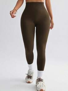 1pc High Waist Compression Tights, Solid Color, 4-Way Stretch, Suitable For Outdoor Sports And Running Spring - Brown - View 4