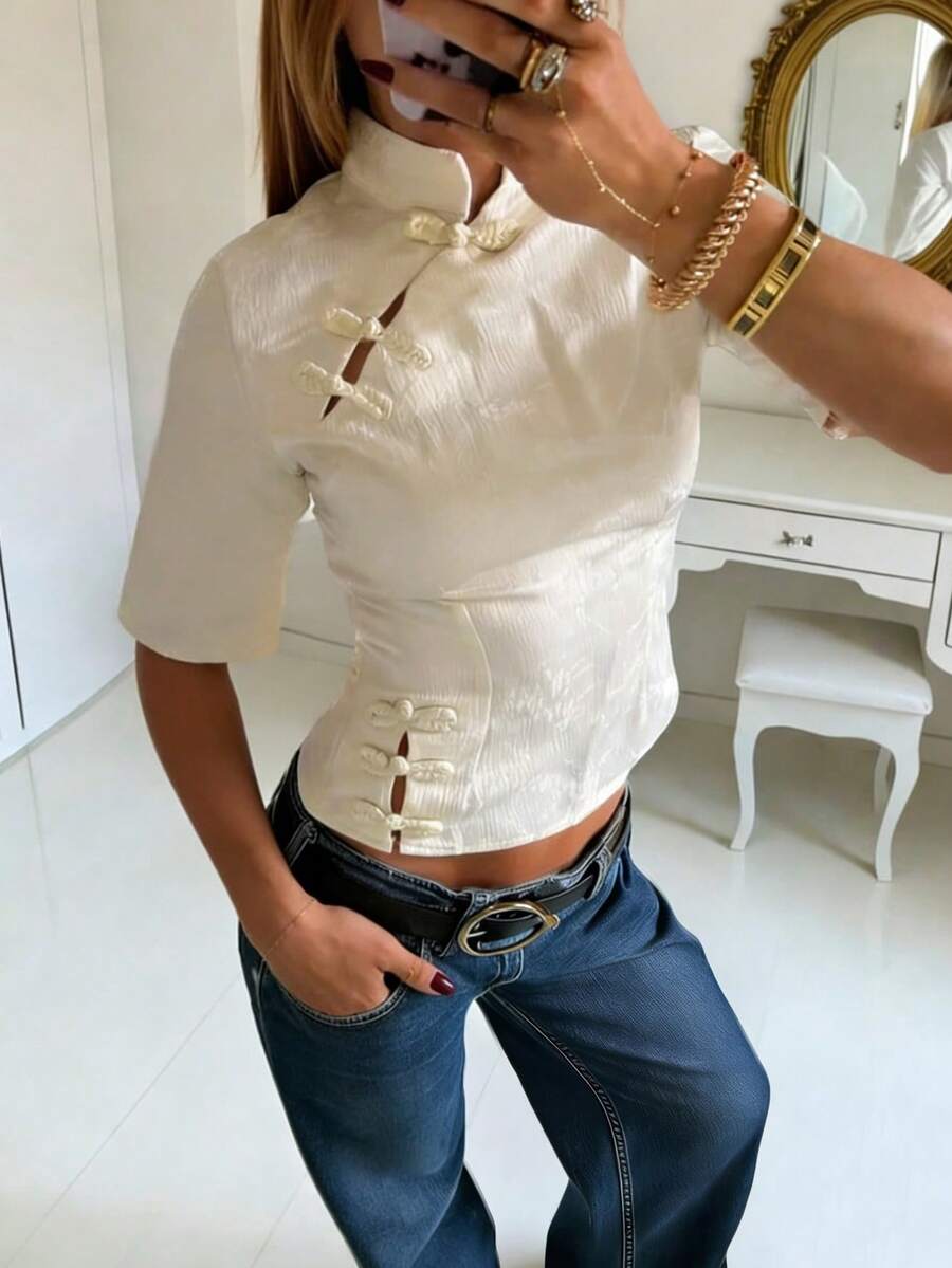 Women's Fashion College New Arrival: Chinese Style Spring/Summer Beige Cheongsam Button-Up Shirt, Exquisite Design - Beige - View 1