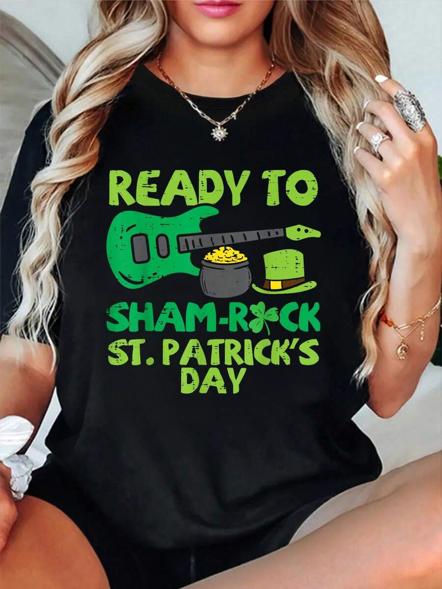 100% Cotton Ready To Sham Rock St Patricks Day Guitar Music Guitarist T-Shirt Graphic Tee Summer Tops For Women Round Neck Fashion Shirts - 黑色 - 查看 1