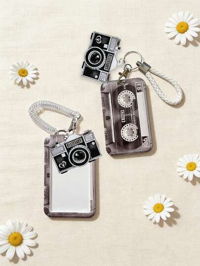 Retro Imitation Tape Card With Camera Pendant, Suitable For Student/Couple ID Card, Campus Bus/Metro Card, Access Card, Dual-Use Keychain. Multi-Functional ID/Celebrity/Bus/Metro/Access Card And Photo Protector, , Fashionable, Portable Daily Accessory. Ideal For Daily Use, Bag Decoration, Gifts, Suitable For Valentine's Day, Birthday, Back To School Season, Small Gift Exchange.