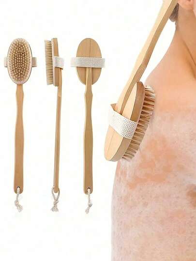 1pc High Quality Long Handle Wooden Shower Brush, Bath Brush, Natural Bristles, Removable For Back Massage And Exfoliation, Great For Dry Skin Exfoliation And Body Massage, Removable Design, Ergonomic Design, Smooth And Vibrant Skin, No Fragrance, No Battery Required