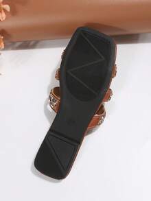 Women's Summer New Rhinestone Decor Square Toe Low Heel Flat Slip-On Black & White Open Toe Sandals, Fashionable & Elegant For Daily Wear, Skirts, Silver Beach Shoes - Rust Brown (champagne Sequins) - View 8