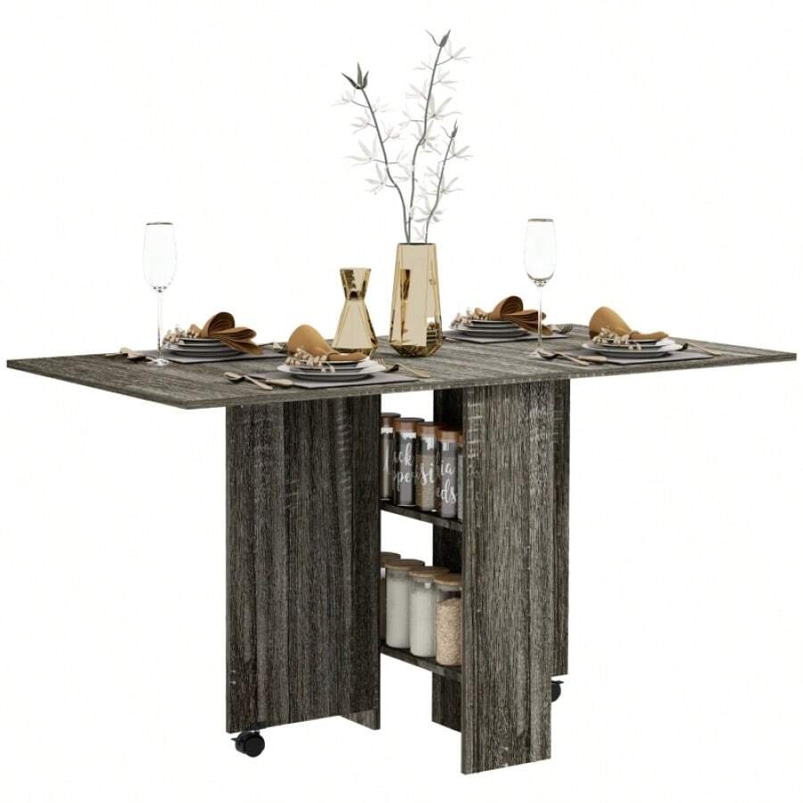 Folding Dining Table Drop Leaf Table With 2-Tier Shelves Rolling Casters For Small Spaces Kitchen Grey - Grey1 - View 1