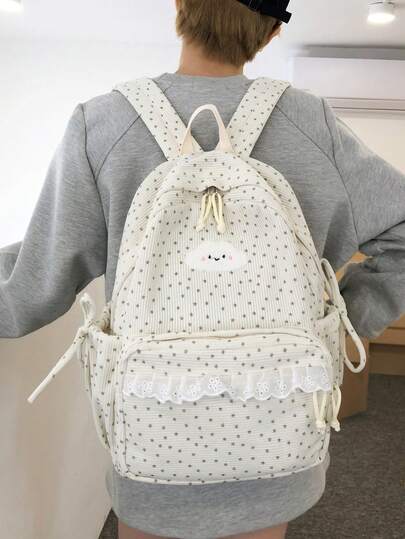 1pc Corduroy Cloud & Star Print Lace Trim Multi-Pocket Backpack, Drawstring Closure, Bow Decor, Casual Style Suitable For School, Work, Travel, Back To School Season