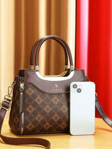 Chic 3pcs Women's Fashion Bag Set - Elegant Geometric Print, Faux Leather Tote With Crossbody & Clutch Wallet - Coffee - View 4