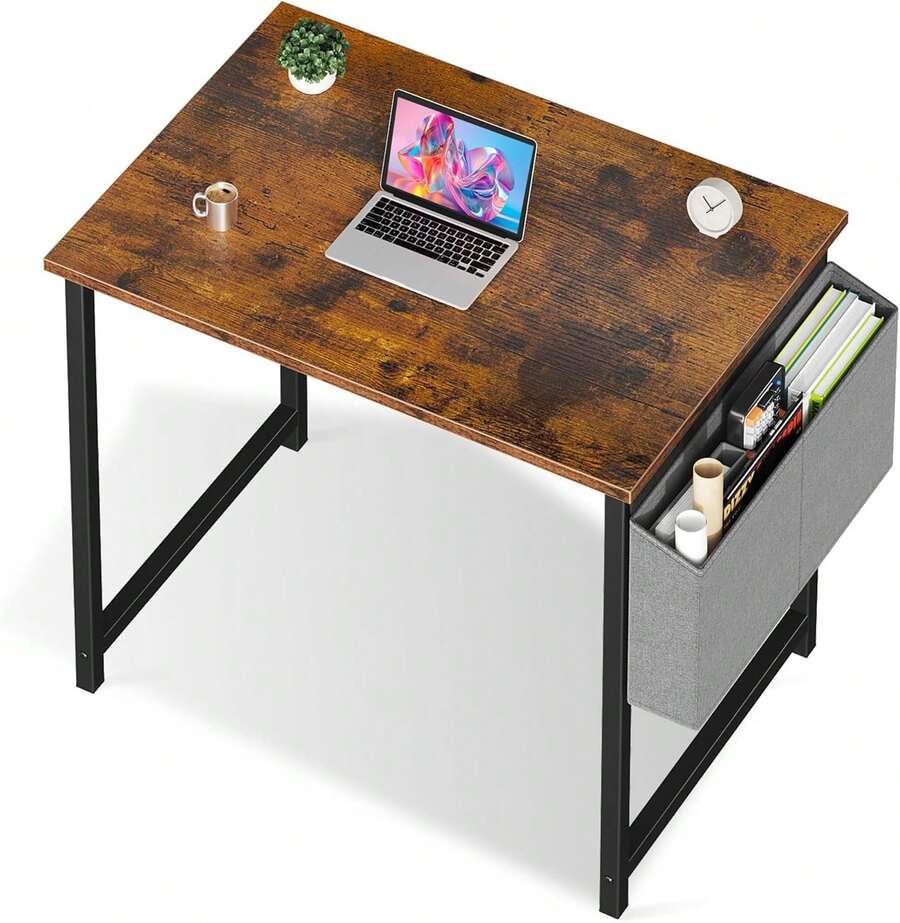 Small Computer Desk For Bedroom 32 Inch Home Office Desks For Small Spaces Writing Gaming Work Study Table With Storage Bag Rustic Brown - 復古棕色 - 查看 1