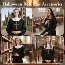 3件套修女服装配饰套装，包括黑色修女连衣裙、修女头饰和十字架项链，适合万圣节、嘉年华、修女角色扮演派对，也是感恩节和春季的完美选择。 - 彩色 - 查看 12