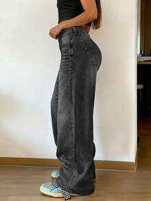 Plus Size Women's Vintage Casual Elastic Waist Loose Straight Leg Jeans Spring - Dark Grey - View 4