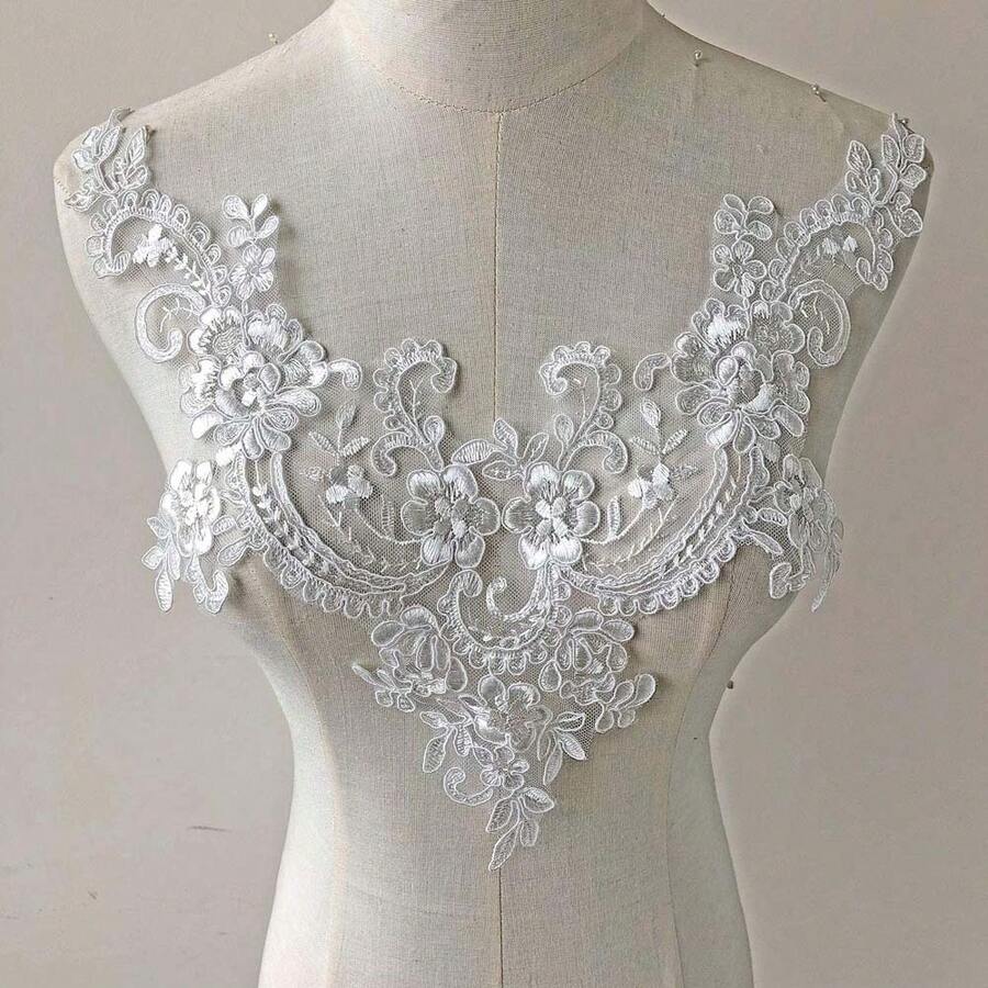 1pc V-Neck Lace Applique Patch For Wedding Dress Front & Back, Handmade DIY Sewing Material - V-neck Appliqué - View 1