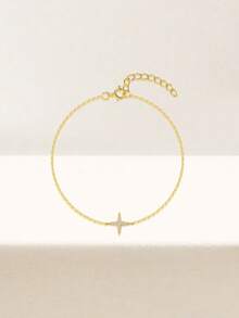 SereneSpark 1件925纯银经典四角星立方氧化锆手链，精美首饰，适合女性日常佩戴、婚礼、派对、订婚、情人节等场合。 - 金色 - 查看 4