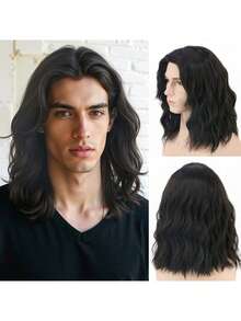 男士14英寸长波浪卷发假发 - 200克高密度耐热合成纤维，黑色和棕色可选，含假发帽，适合日常佩戴、角色扮演、万圣节和化装舞会等场合 - 彩色 - 查看 1