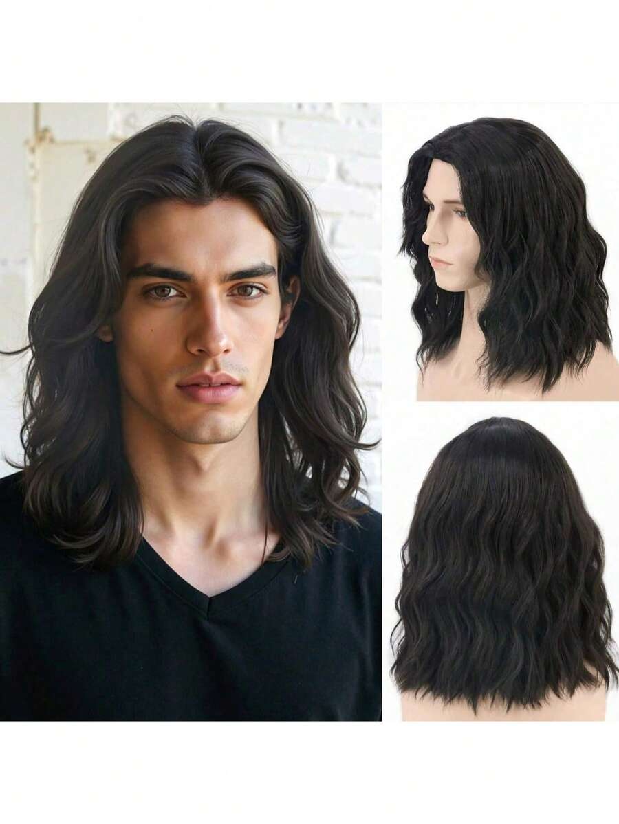 男士14英寸长波浪卷发假发 - 200克高密度耐热合成纤维，黑色和棕色可选，含假发帽，适合日常佩戴、角色扮演、万圣节和化装舞会等场合 - 彩色 - 查看 1