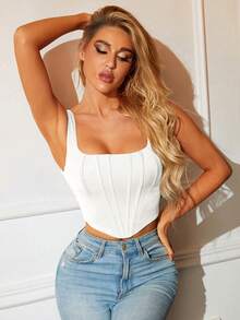 PARTHEA Women's Square Neck Asymmetrical Hem Boning Bustier Camisole Casual White Summer - White - View 6