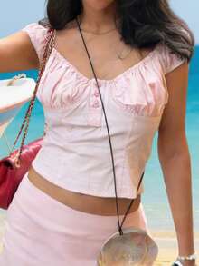 Blusas cortas de verano para mujer con mangas cortas, cuello en V, color liso, corte ajustado y cierre de botones en la parte superior. - Rosa - Ver 3