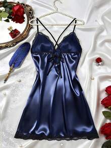 Áo ngủ nữ, váy ngủ satin in hoa thanh lịch với viền ren, cổ chữ V, lưng hở, dây mảnh, áo choàng thoải mái. - Xanh đậm - Xem 2