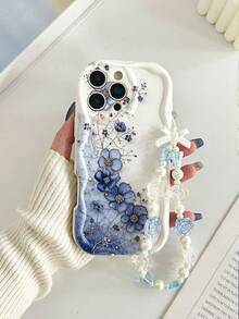 Cream Wavy Glossy Painted Anti-Drop Phone Case With Beaded Bracelet Accessory, Compatible With IPhone, Galaxy, Redmi - Multicolor - View 2
