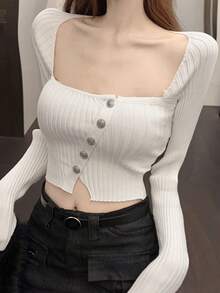 新款性感方领针织露脐短款上衣，露脐设计，高腰修身，适合春夏穿着 - 乳白色 - 查看 3
