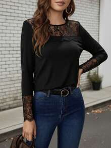 Woman Black Lace Sleeve Ribbed Blouse – Elegant Long Sleeve Casual Top - Black - View 1