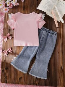 Girls' Pink Stretchy Short Sleeve Denim Jeans, Soft Washed Straight Leg Wide Leg Pants With Bow, Versatile Loose Fit Spring Autumn Outfit Set - Pink - View 5