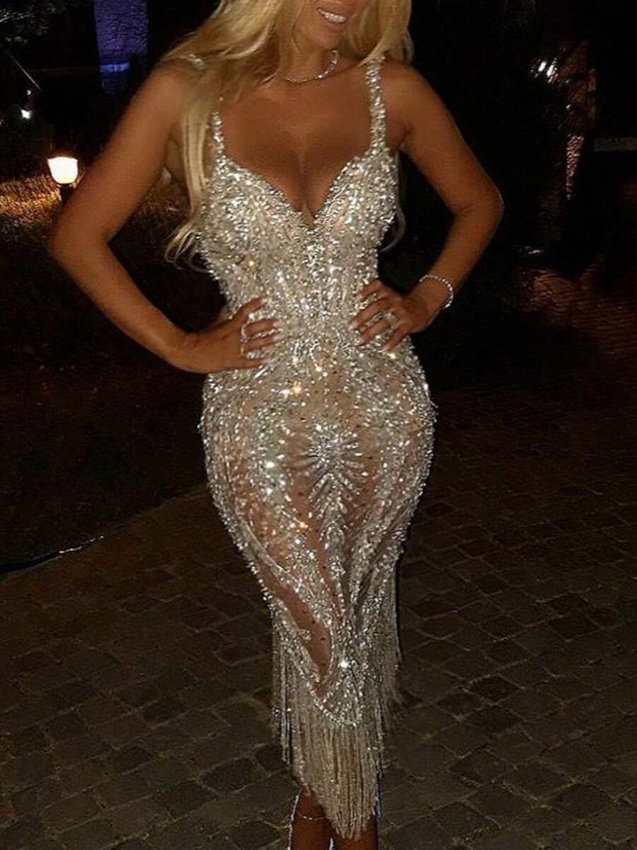 Women's Sparkly Rhinestone Fringe Maxi Dress Deep V Sleeveless Bodycon Party Gown - Guld - Visa 1