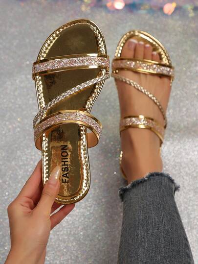 New Plus Size Women Comfortable Double Toe Sandals, Casual Fashion Beach Summer Shoes, Lightweight Double Strap Women's Rhinestone Decor Slide Sandals, Casual Open Toe Summer Shoes