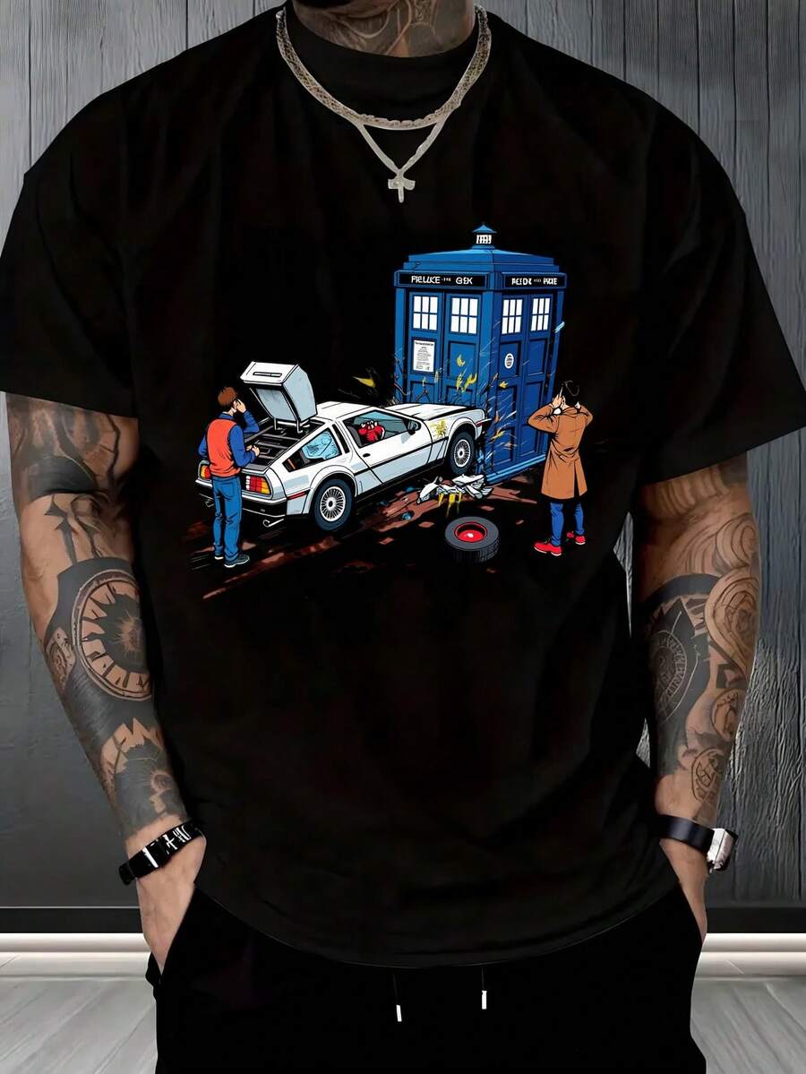 Playera de DeLorean, TARDIS, , Back to the Future, estampado de serie de TV, para hombres, fans de ciencia ficción, look geek, coleccionista, casual, entretenimiento,  popenvío nacional,playera de hombre,ropa de hombre,regalos para hombre,regalos para tu novio,oversize hombre. - Negro - Ver 1