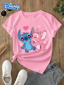 Disney Women's T-Shirt Featuring Valentine's Day-Themed Stitch And Angie Cartoon Prints. Crafted From Soft, Comfortable, And Durable Fabric, This Spring/Summer Women's Crew Neck T-Shirt Is Perfect For Everyday Wear-Shopping, Parties, Travel, Or Gatherings. It Also Makes An Exquisite Gift. - 粉色 - 查看 1