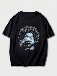 男士时尚休闲街头摇滚说唱宽松短袖T恤 | 趣味人物字母印花 | 精致设计 | 春夏必备 | 百搭易穿，展现您的个人风格。 - 黑色 - 查看 3