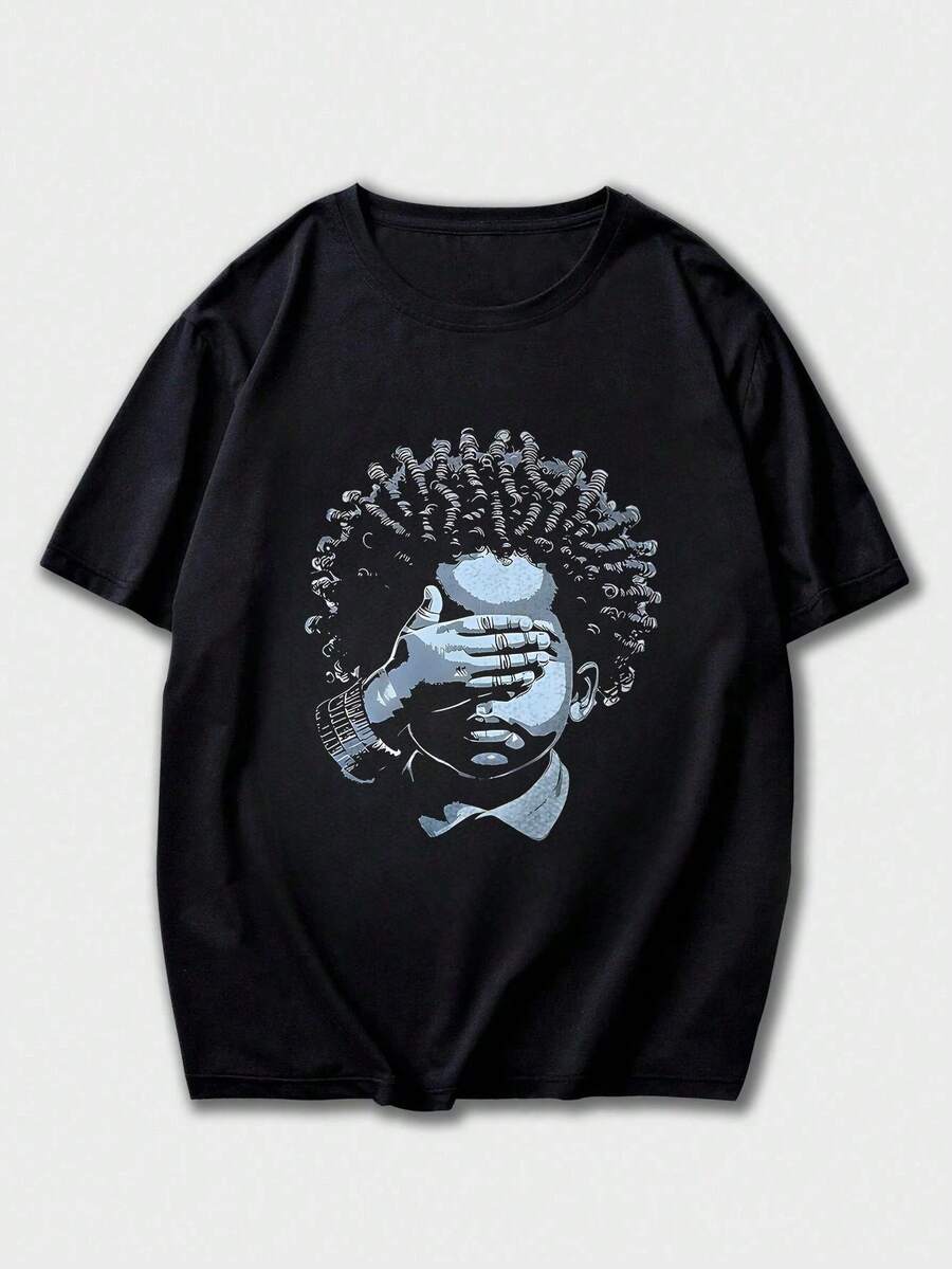 Fractyr Fractyr 男士男孩遮眼肖像图案T恤 复古风格 简洁版型 落肩宽松 质感棉质 Camiseta Remera Ropa - 黑色 - 查看 1