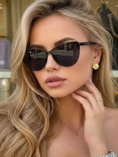 1 Pair Women's Black Cat Eye PC Half-Frame Minimalist Solid Color Fashionable Streetwear Fashion Glasses