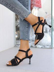 方形搭扣中跟凉鞋 - 黑色多带凉鞋，现代简约都市风格 - 黑色 - 查看 6