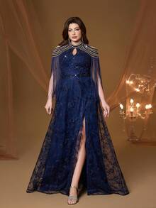 高端蕾丝刺绣泡泡珍珠流苏袖长款连衣裙，适合舞会、婚礼、派对、婚礼宾客礼服、晚礼服等场合。 - 寶藍色 - 查看 5