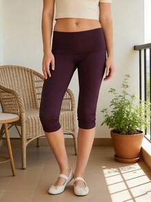 Womens Solid Color Low Rise Capri Pants Fold Over Waistband Slim Fit Cropped Pants Trousers Summer For Yoga Exercise Fitness - 紫色 - 查看 6
