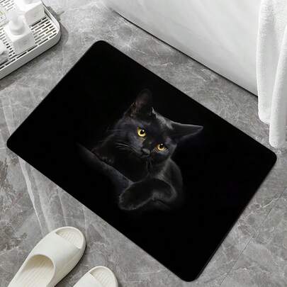 1pc Black Cat Pattern Silicone Bathroom Doormat, Non-Slip Dirt-Resistant Washable Entrance Carpet Decor