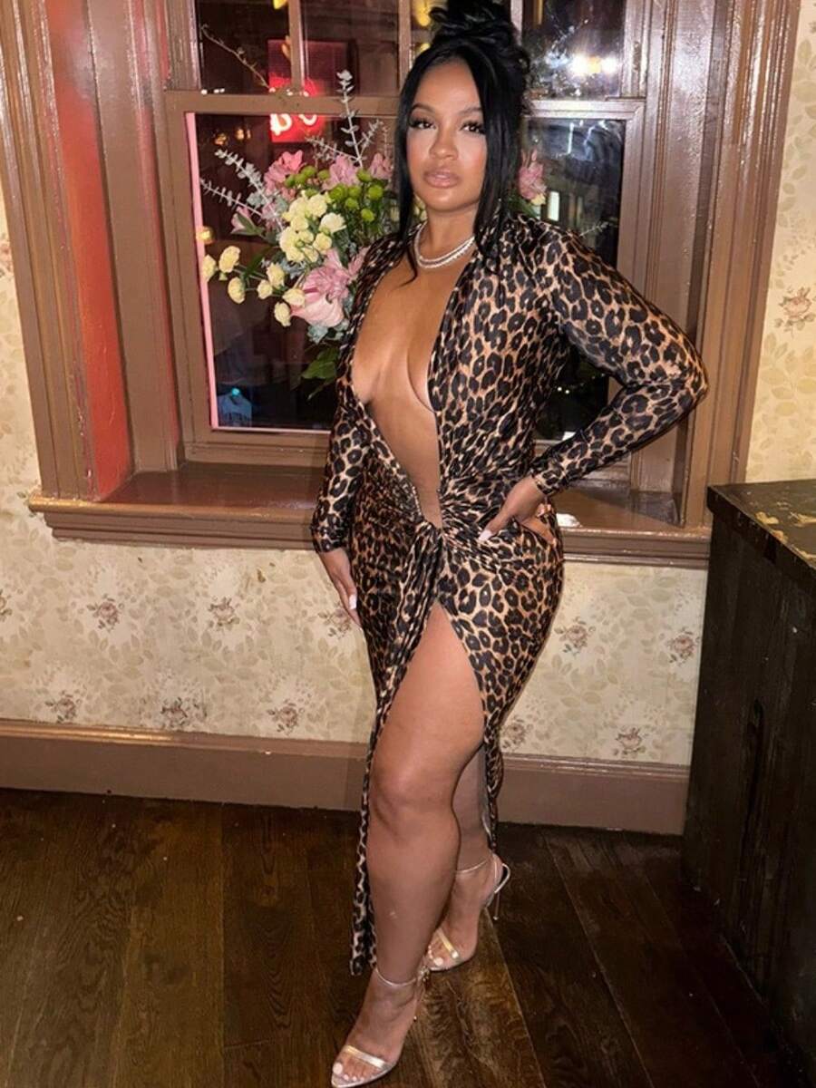 Fashionable Temperament, Slim Fit, Hip Hugging, Wild Women's Clothing, Sexy Leopard Print, Deep V Slit, Pleated Waist, Long Sleeved Dress - 豹紋 - 查看 1