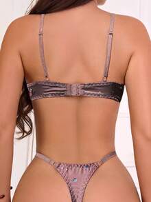 Women's Satin Printed Lace Patchwork Lingerie Set 2 Pieces Bra And Panty Set - Coffee Brown - View 4