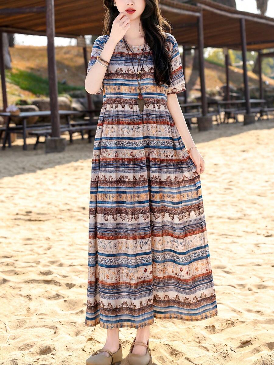 波西米亚风印花荷叶边下摆休闲优雅夏季沙滩连衣裙 - 杏色 - 查看 1