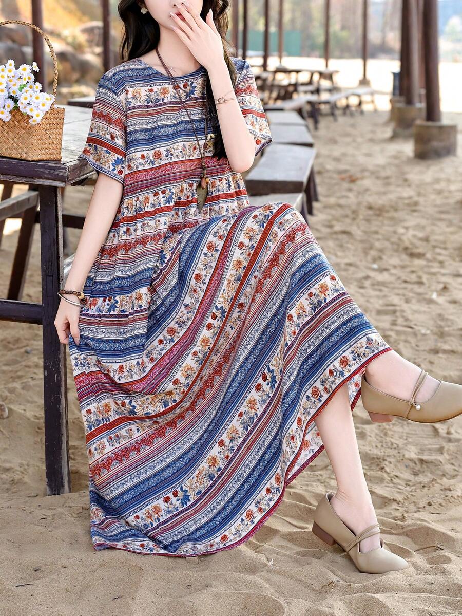 Women's Boho Striped Floral Print Midi Dress, Woven Fabric Short Sleeve Round Neck A-Line Sundress With Pockets For Summer And Fall - Blue - View 1