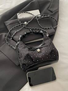 2026款镶钻蝴蝶结褶皱链条单肩手提包，女士款，无吊坠 - 黑色 - 查看 7