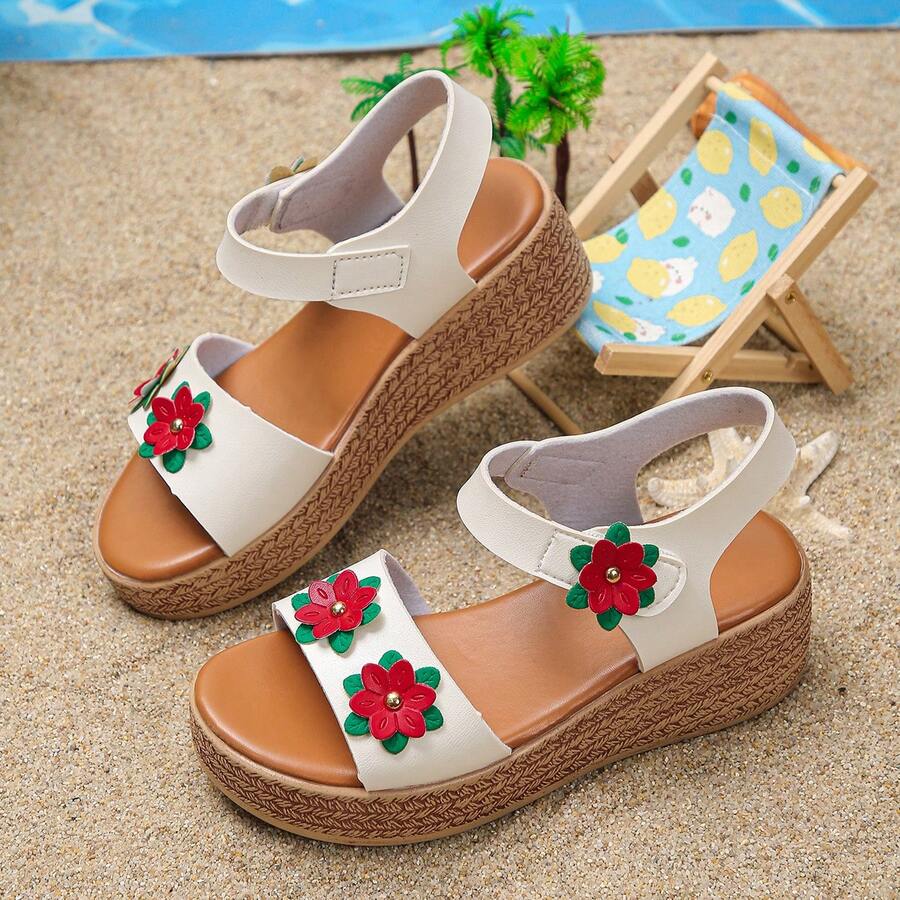 1 Pair Girls' Summer High Heel Sandals, Fashionable Floral Minimalist Hook And Loop Solid Color Casual Thick Sole Comfortable Daily Wear Non-Slip Open Toe Wedge Sandals - Red and White - View 1