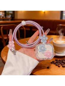 3D Flower Design Apple 40W Charger Protective Case, Data Cable Protector Cover - Clear - View 1