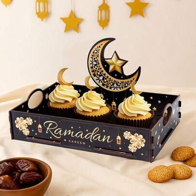 1pc Ramadan Storage Box | Black & Gold Moon Star Lantern Pattern Rectangular Decorative Tray With Handle, Classic Style, Perfect For Home Ramadan Decorations And Eid Gifts, Party Open Storage Box - Moon & Star Decorative Tray For Home Parties, Dessert Display Tray